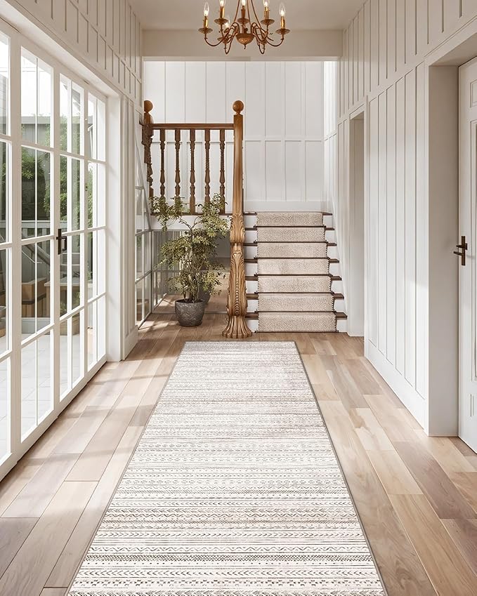 LUMI Washable Runner Rug, 3'x10' Non-Slip Hallway Mat, Low Profile Thin Long Carpeet for Laundry Kitchen Bedroom Office, White and Brown