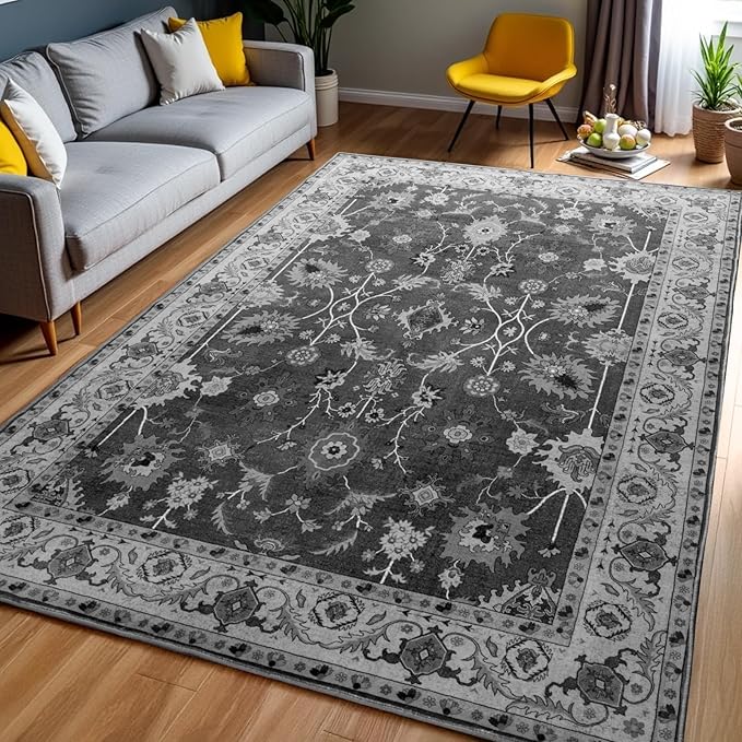 Area Rug 5x7, Washable Faux Wool Throw Rugs for Living Room, 0.3″ Non Slip Low Pile Vintage Boho Carpet for Ding Room, Home Office, Bedroom, Kids Room, Bedside (Black)