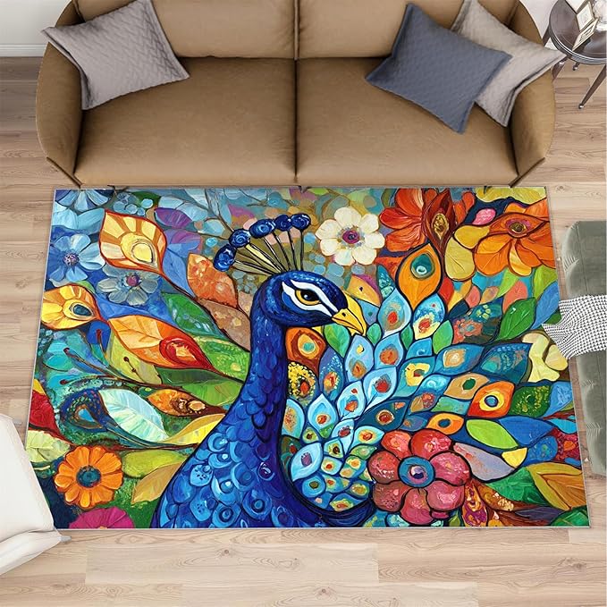 Boho Peacock Rug Large - 8x10 Rug, Colorful Peacock Washable Rugs for Living Room, Teal Turquoise Carpet, Modern Style Non-Slip Area Rugs for Bedroom, Aesthetics Carpet - Peafowl Home Decor & Gifts