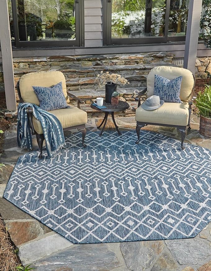 Unique Loom Outdoor Trellis Collection Area Rug - Tribal Trellis (7' 1" Octagon, Blue/ Ivory)
