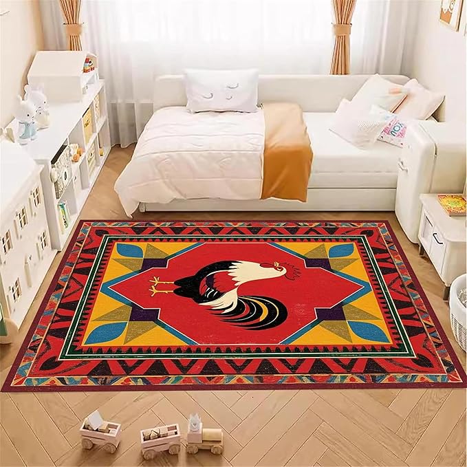 Country Rooster Rugs，6x8ft,Colorful Geometric Rooster Pattern Rug，Rooster Pattern Colorful Rug. Ethnic Vintage Design Non-Slip Washable Floor Mat for Living Room Bedroom Farmhouse Home Office