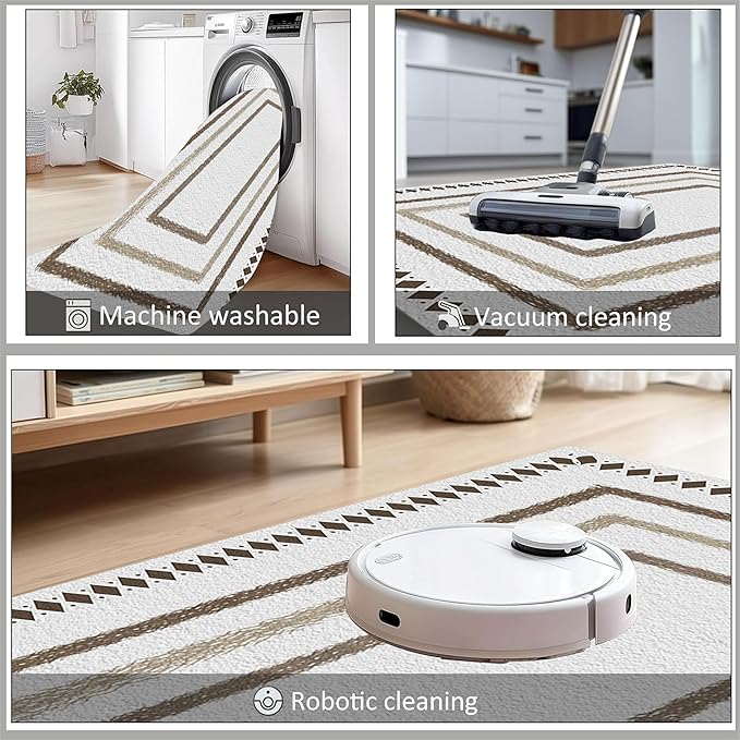 Moroccan Farmhouse Area Rugs 6x8ft, Neutral Geometric Pattern in Off-White Rug, Low Pile Machine Washable & Non-Slip Soft Carpet for Living Room, Bedroom & Dining Room