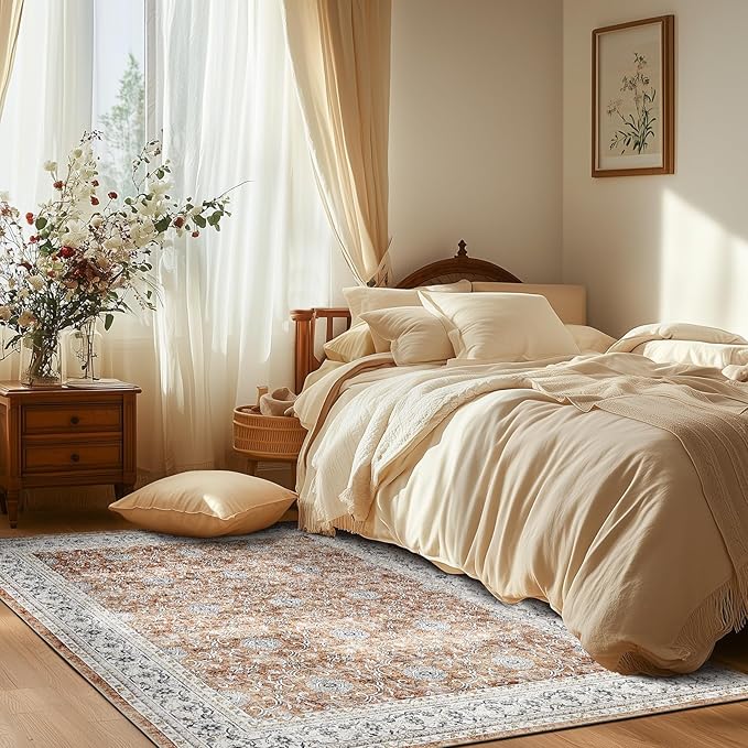 jinchan Floral 5x7 Area Rugs for Bedroom - Machine Washable Vintage Distressed Boho Design Throw Rug Stain Resistant Carpet Low-Pile Thin Non-Slip for Nursery Living Room Dining Room (5‘x7', Orange)