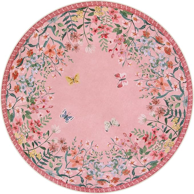 Wonnitar Washable 5ft Round Area Rug, Pink Floral Living Room Rugs for Bedroom Girls, Low Pile Soft Botanical Throw Carpet for Kids Nursery Room (Pink,5ft-Round)