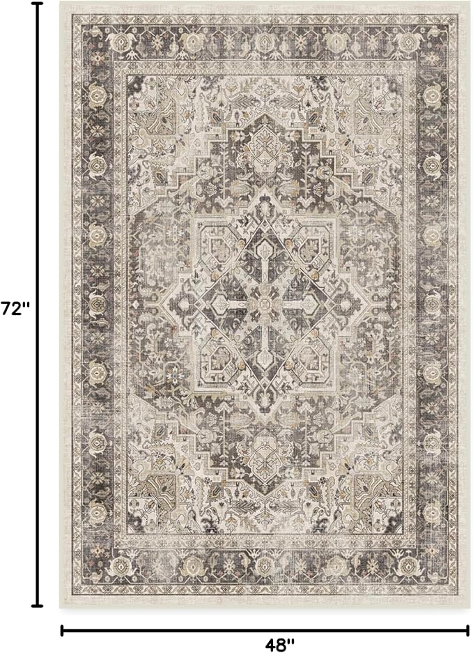 RUGGABLE Washable Vintage Area Rug – Kamran Hazel 4x6, Stain-Resistant, Non-Slip – Medium Machine Washable Rugs for Living Room, Bedroom, Hallway, Entryway & Office–with Standard Pad