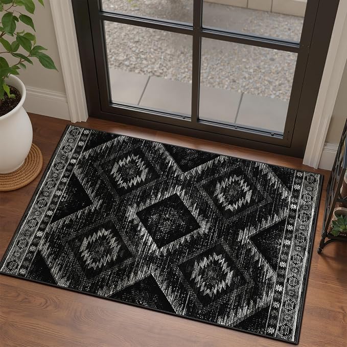 Area Rug 2x4 Rug Machine Washable Non-Slip Low Pile Print Pattern Western Rug for Living Room Bedroom Entryway Tribal Series-Black