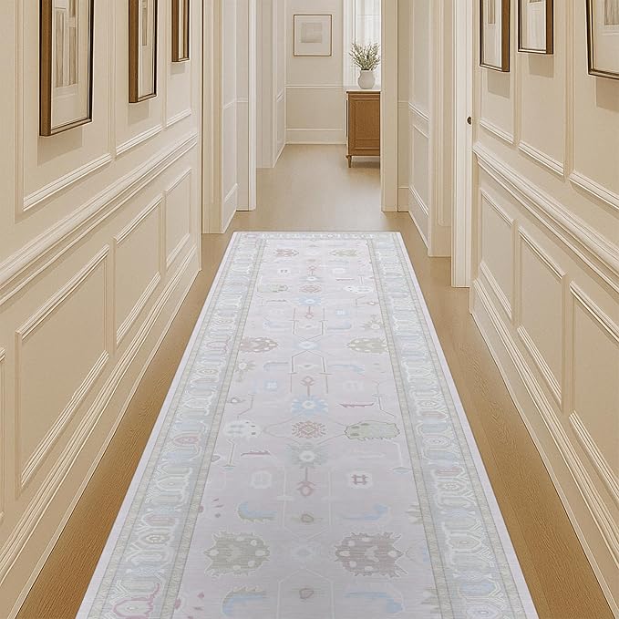 Fame Living Pink Oushak Runner Rug, Modern Runners, Turkish, Eclectic, Floral, Pastel, Washable, Small Throw Rugs, Short Runner for Hallway, Entryway, Laundry, Foyer, Kitchen, Bathroom, 2'5"x6'5"