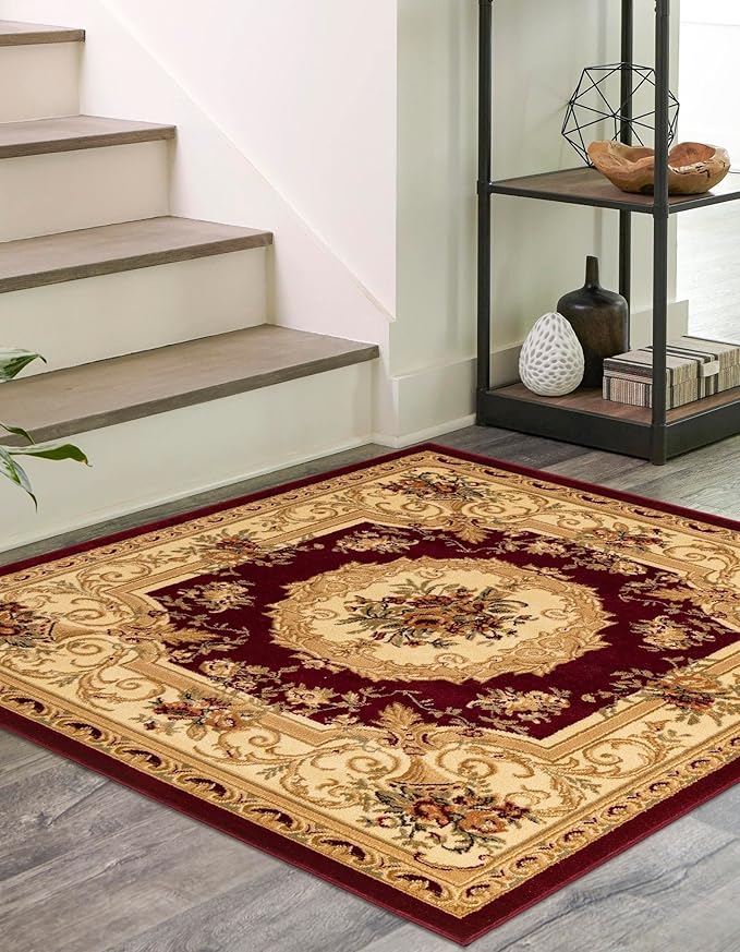Rugs.com Chateau Collection Rug – 4 Ft Square Red Medium Rug Perfect for Living Rooms, Kitchens, Entryways