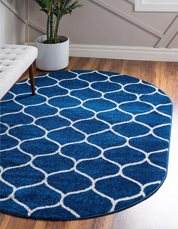 Rugs.com Lattice Frieze Collection Rug – 3' 3 x 5' 3 Oval Navy Blue Medium Rug Perfect for Living Rooms, Large Dining Rooms, Open Floorplans