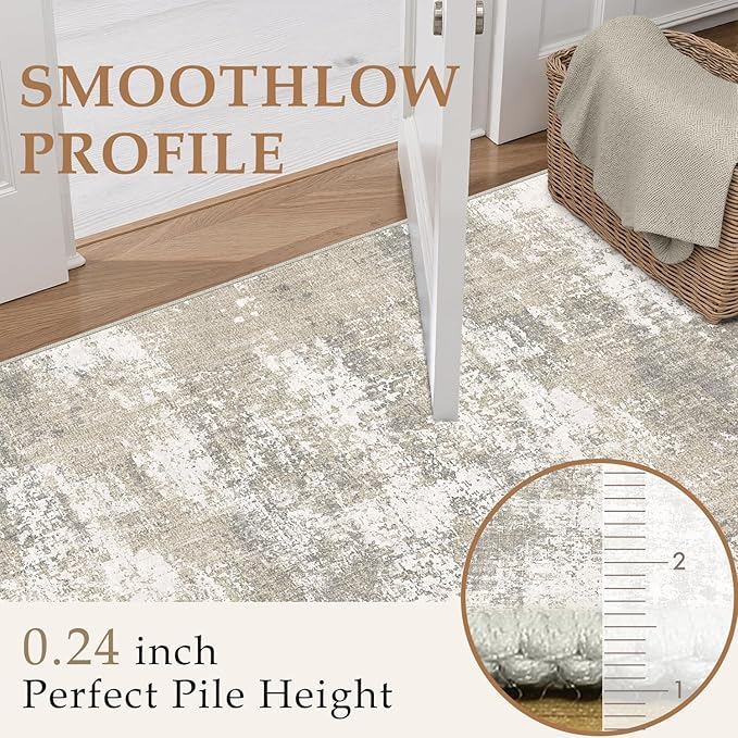 Modern Abstract Beige Gray Area Rug 6x9 Machine Washable Large Carpet Neutral Kitchen Indoor Accent Throw Low Pile Non Slip Distressed Living Dining Room Bedroom Office