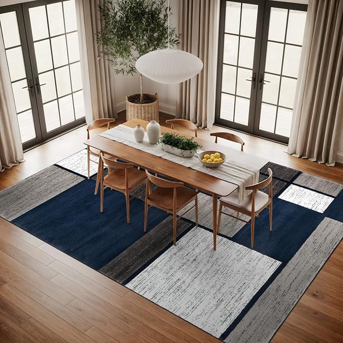 Rugshop Modern Geometric Boxes Navy Area Rug, Non-Shedding Carpet for Living Room, Bedroom, or Family Room, 7'10" x 10'2"