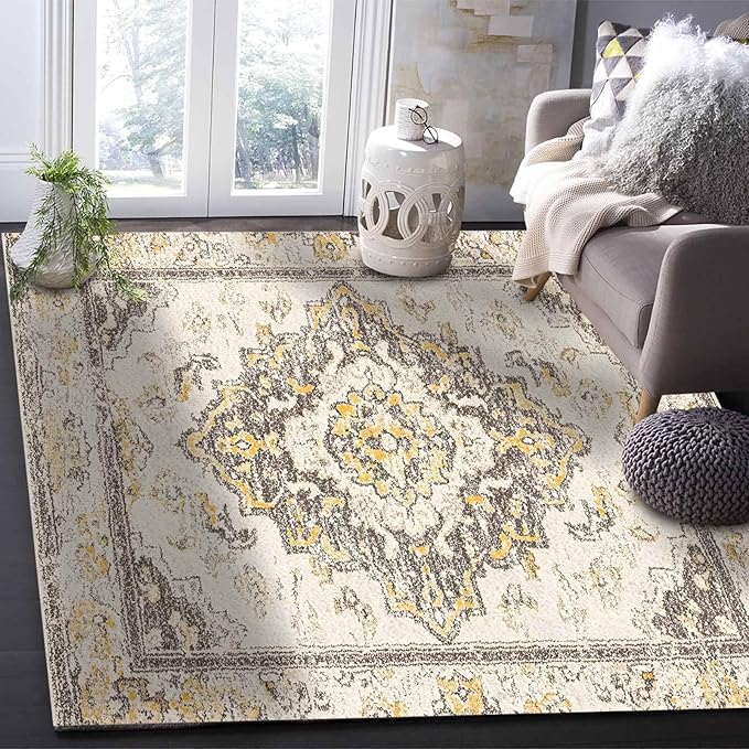 Bohemian Pattern Rectangular Area Rugs for Living Room Bedroom 4 x 6 ft Brown & Yellow Abstract Non-Shedding Soft Low Pile Rug Non Slip Washable Rug for Nursery Entryway Playroom