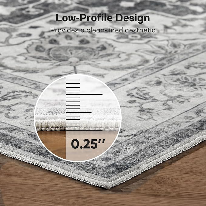 Marsail 5x7 Machine Washable Area Rug, Soft & Slip-Resistant Large Area Rug with Reinforced Bound Edges, Vintage Short-Pile Washable Rug with Floral Pattern for Living Room, Dinning Room and Bedroom