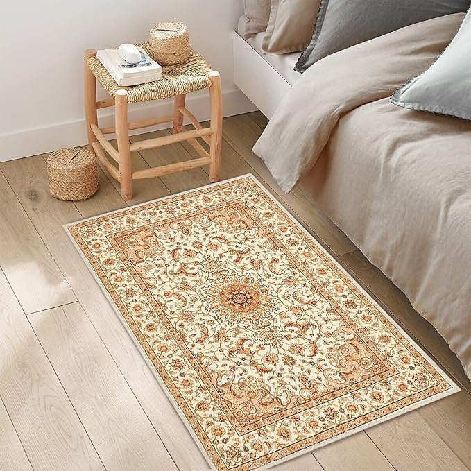 COMSLE Boho Area Rug, 2 x 3 Ft Machine Washable Rugs for Entryway Faux Wool Small Rugs Distressed Throw Rug Non-Slip Floor Carpet for Indoor Bedroom Kitchen Living Room