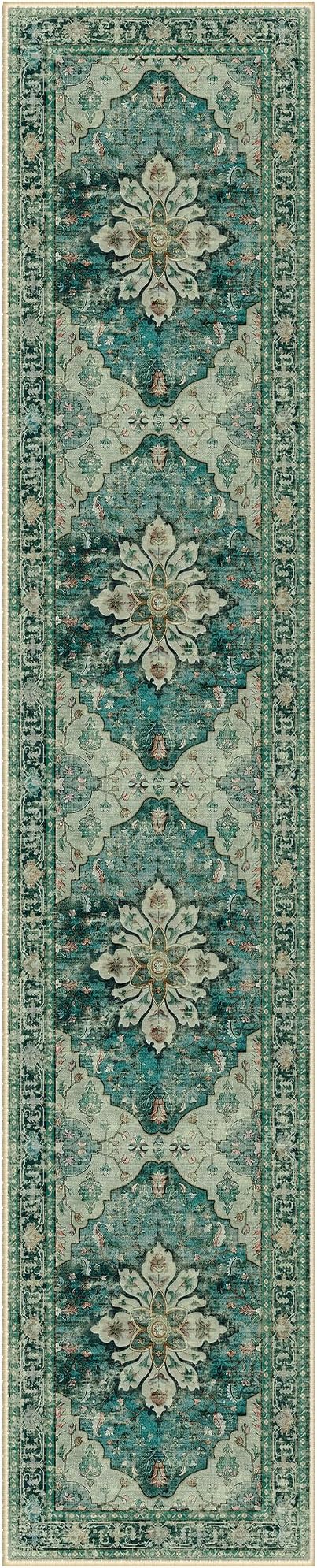 Area Rugs 2'6''x10' Washable Non-Slip, Floral Vintage Distress Print Pattern Medallion Carpet for Living Room Bedroom Dining Room, Dark Blue Vintage