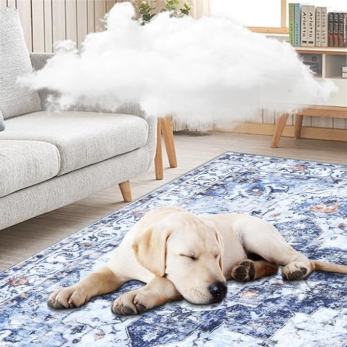 COMSLE Boho Runner Rug, 2x6 Washable Rugs for Hallway Faux Wool Small Throw Rug Distressed Kitchen Area Rug Non-Slip Laundry Room Rug Carpet Runner for Entryway Indoor Bedroom (Blue)