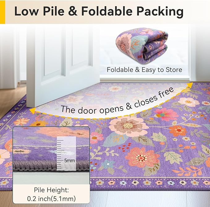Floral 6x9 Area Rug Machine Washable Soft Print Boho Carpet Non Slip Doormat Low Pile Flower Area Rugs for Living Room Bedroom Nursery Kitchen Dining Room Indoor-Purple/Pink/Multi