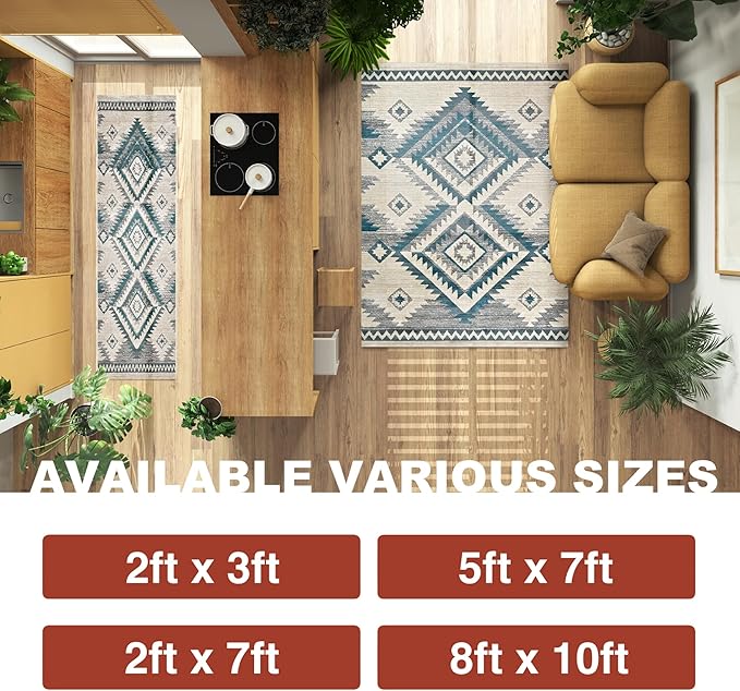 YHSF South West Native American Rug Ritz – Native Tribal American Indian Inspired Rug - Living Room, Bedroom, Hallway, Entryway & High-Traffic Area Rugs - Washable - Soft - Aqua, 2 Feet x 3 Feet