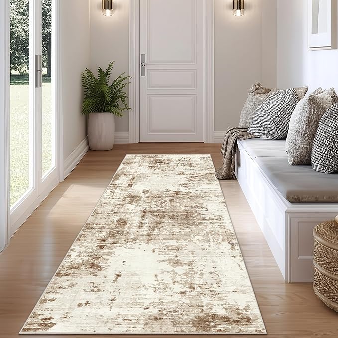 Fmfunctex 2x6 Runner Rug Washable Brown Beige Modern Abstract Entryway Non Slip Neutral Low Pile Indoor Carpet Soft Accent Hallway Rug for Kitchen Living Room Bedroom Bathroom Laundry Entrance Bedside