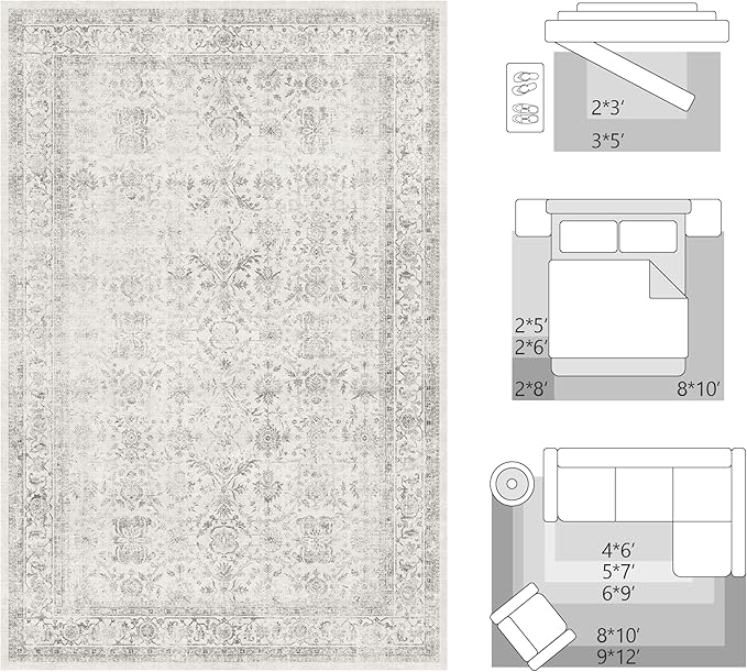 FMFUNCTEX 8x10 Washable Area Rug Grey Vintage Neutral Distressed Large Non Slip Carpet for Living Room Bedroom Soft Low Pile Indoor Mat Retro Floral Throw Rug for Dining Room Kitchen Office Nursery
