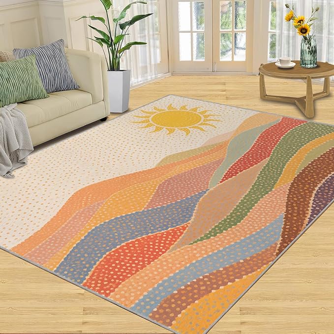 Boho Sun Area Rugs 3x4ft, Mosaic Sunburst Kids Bedroom Rug, Dotted Gradient Hills Bedside Rug Durable Non Slip for Cafe Living Room Under Table Boys Room Decor