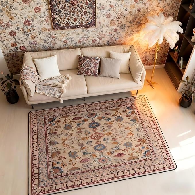 Boho 3x5 Area Rug Vintage Floral Rugs for Living Room | Art Deco Abstract Washable Rug, Retro Tribal Aesthetic Oriental Carpet Indoor Floor Mat