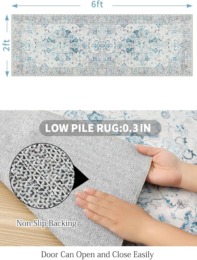 COMSLE Boho Runner Rug, 2' x 6' Washable Area Rugs for Hallway Faux Wool Small Distressed Indoor Door Mat Non-Slip Laundry Room Kitchen Carpet for Entryway Bedroom Khaki Green