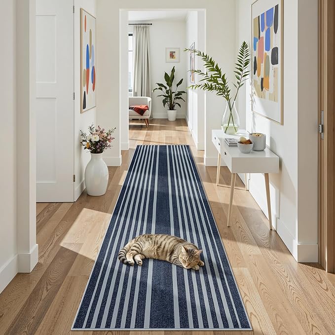 Beeiva Striped Blue Runners for Hallways, 2.5x8 Washable Bathroom Runner with Rubber Backed, Non Slip Soft Low Pile Indoor Floor Carpet for Kitchen Bedroom Porch High Traffic Areas