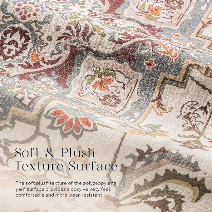Phantoscope Washable Area Rug 4'x6' Non-Slip, Vintage Boho Rugs for Living Room, Bedroom, Dining Room, Persian Floral Medallion Pattern, Low-Pile Foldable Floor Carpet, Ivory Rose/Fall Bloom
