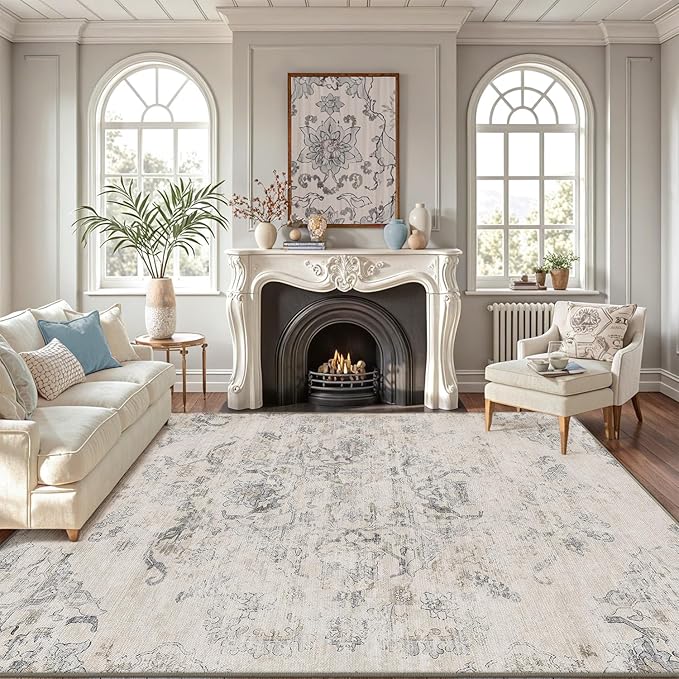 LUMI 8x10 Washable Area Rug for Living Room, Ultra Soft Vintage Rugs with TPE Non Slip Backing, Stain Resistant, Low Profile Carpet High Traffic for Bedroom, Dining Room