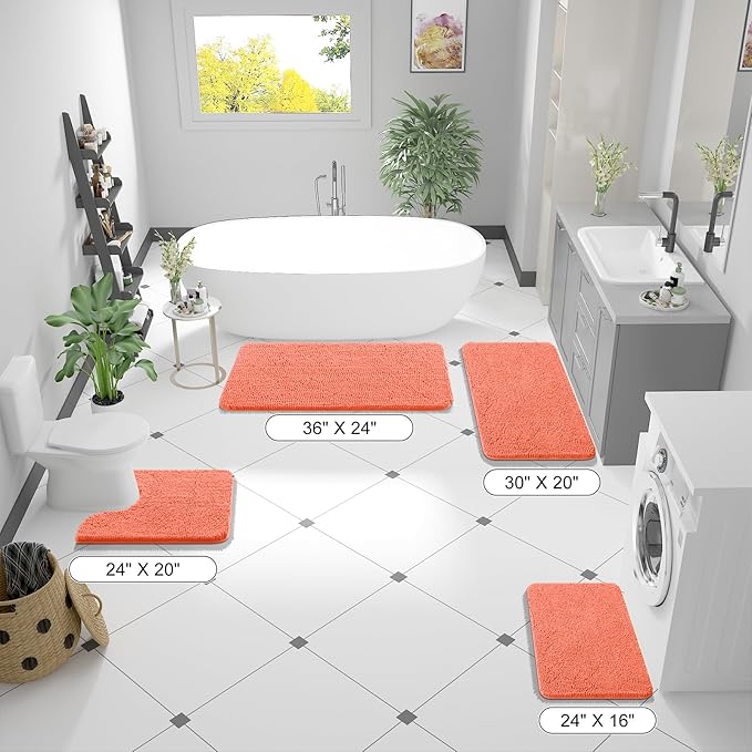 OLANLY Bathroom Rugs 59x20, Extra Soft Absorbent Chenille Bath Rugs, Rubber Backing Quick Dry, Machine Washable Bath Mats for Bathroom Floor, Tub and Shower, Home Decor Accessories, Coral