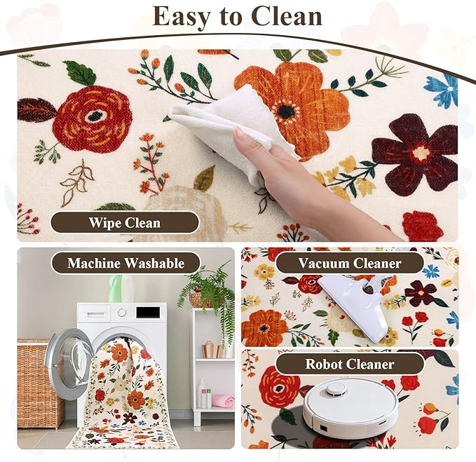 U'Artlines 2' x 8' Colorful Floral Runner Rug for Hallways Kitchen Soft Non Slip Washable Floor Carpet Runners for Entryway Laundry Room Bathroom Beige