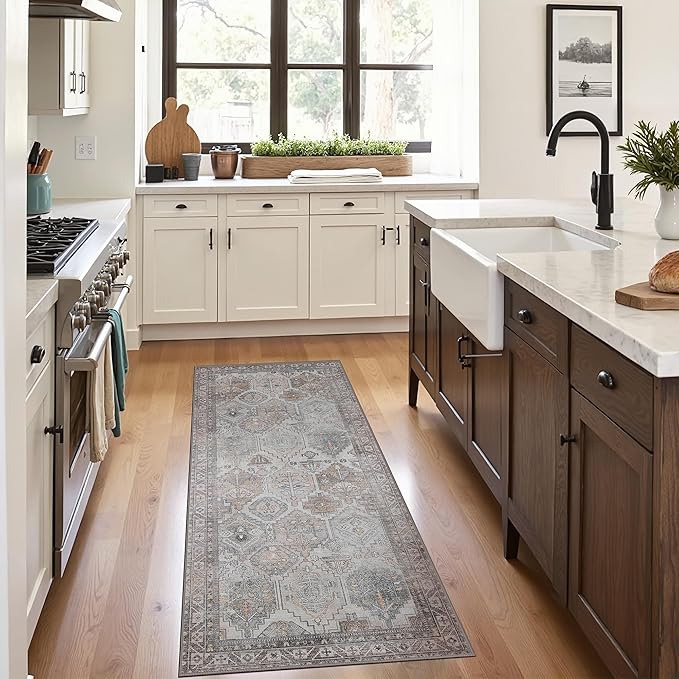 Bavni 2x3 Entryway Rug Bathroom Rugs for Front Door Bedroom Bathroom Kitchen, Washable Vintage Print Carpet, Ultra-Thin Chenille Lightweight Rug with Non Slip Backing, Retro Grey