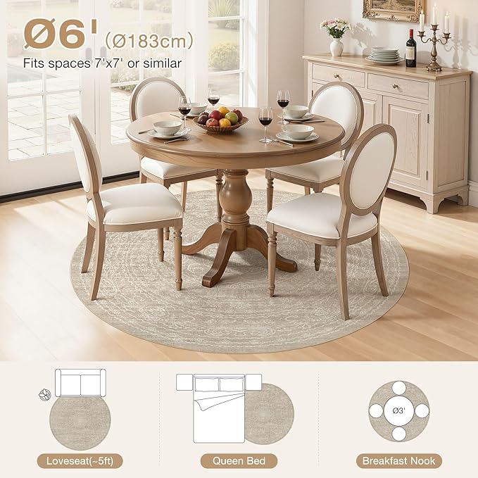 6ft Round Rug Living Room: Washable Large Vintage Rug Neutral Non-Slip Soft Stain Resistant Indoor Carpet for Bedroom Nursery Dining Room Under Table Bed Home House Office Playroom - Brown