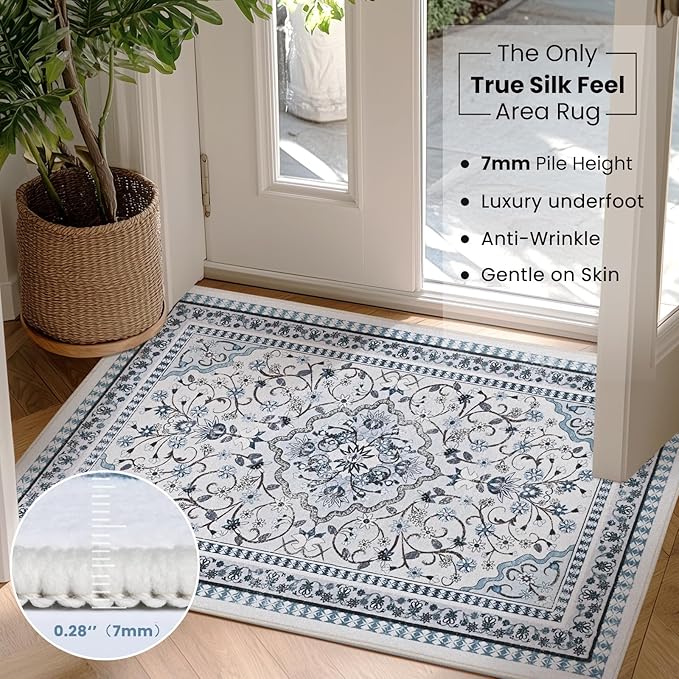 2' x 3' Blue Washable Area Rugs, Non-Slip Entryway Rug, Boho Low Pile Door Mat Indoor Entrance, Floral Medallion Pattern Vintage Rugs for Kitchen Bedroom Bathroom Laundry Living Room Farmhouse