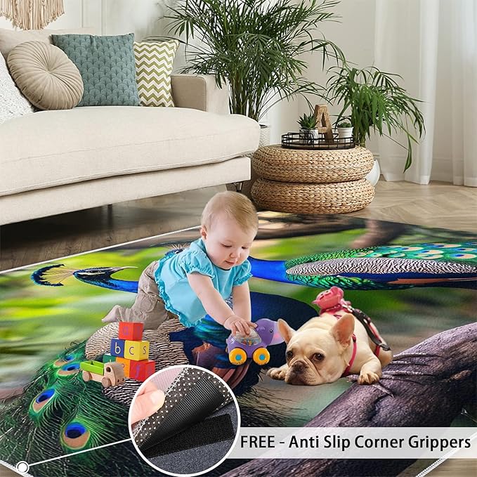Peacock Rugs for Bedroom - 2x3 Rug, Peacock Couples Area Rugs for Living Room, Nature Carpet, Peafowl Washable Area Mat, Malachite Green Feather Carpet - Peafowl Home Decor & Gifts