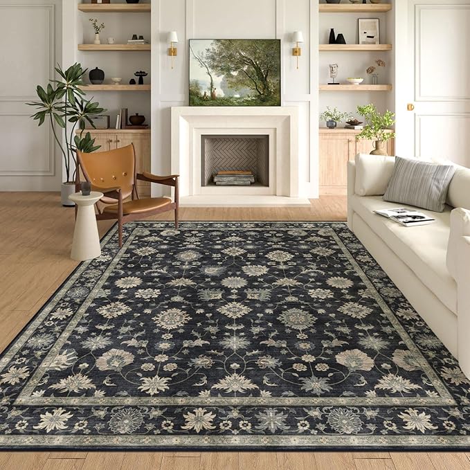 Washable Area Rug 8x10 - Large Charcoal Black Boho Rugs for Living Room Soft Vintage Bedroom Rug Ultra-Thin Traditional Floral Carpet Moody Farmhouse Rug for Dining Room Guest Room Home Decor
