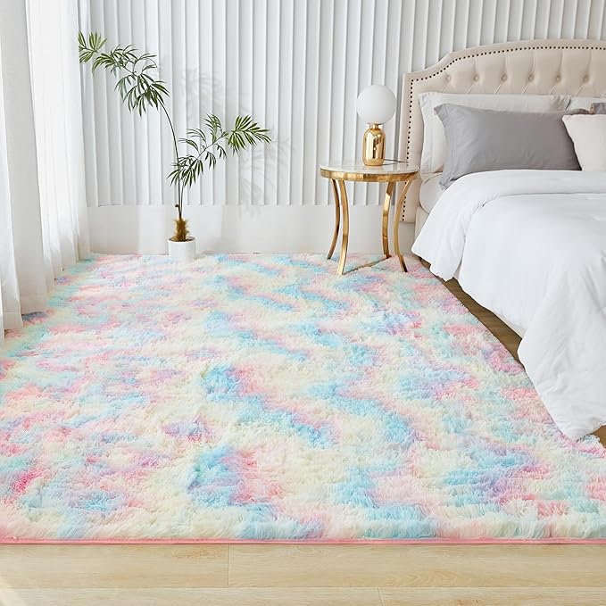 Andency Soft Area Rugs for Living Room Bedroom, 4x6 Fluffy Shaggy Bedside Rug, Non-Slip Large Shag Fuzzy Plush Carpets for Bedroom Kids Dorm Nursery Home Decor Aesthetic, Tie-Dyed Brown