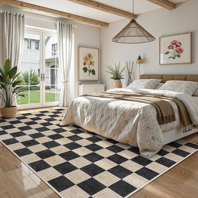 LIVEBOX Machine Washable Area Rug 6x9 Checkered, Non Slip Soft Large Bedroom Living Room Rug Farmhouse Neutral Classic Geometric Boys Rug, Indoor Carpet for Den Dorm Playroom(Black,6'x9')