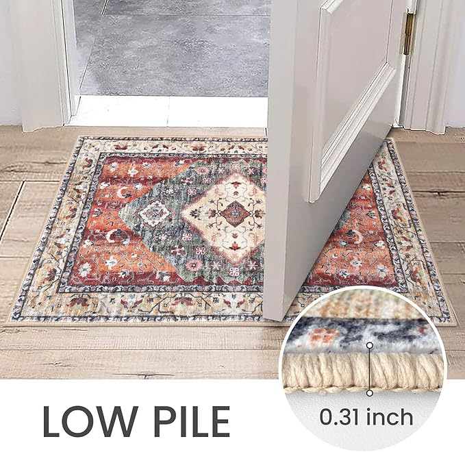KOZYFLY Boho Area Rug 9x12 Ft Thin Rugs for Living Room Washable Bedroom Rug Non Slip Rugs for Living Room Rust/Orange/Blue Printed Faux Wool Vintage Bedroom Rug Floor Carpet for Dining Room