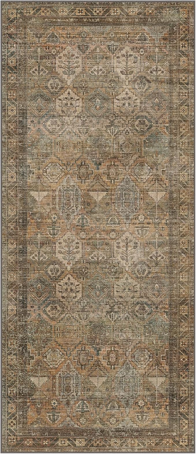 Bavni Runner Rug 3x7 Kitchen Rugs for Hallways Entryway, Washable Vintage Print Carpet, Ultra-Thin Chenille Low Pile Lightweight Rug with Non Slip Backing, Warm Taupe