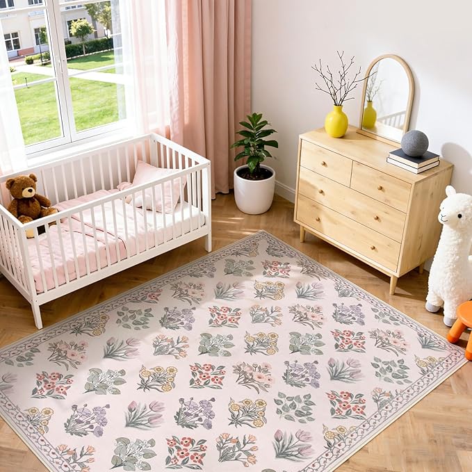 Wonnitar Pink Rugs for Bedroom Girls Nursery, Floral Print 5x7 Washable Rug, Boho Ultra-Thin Non Slip Soft Cozy Carpet for Room Decor Kids Playroom Office Living Room, Pale Pink