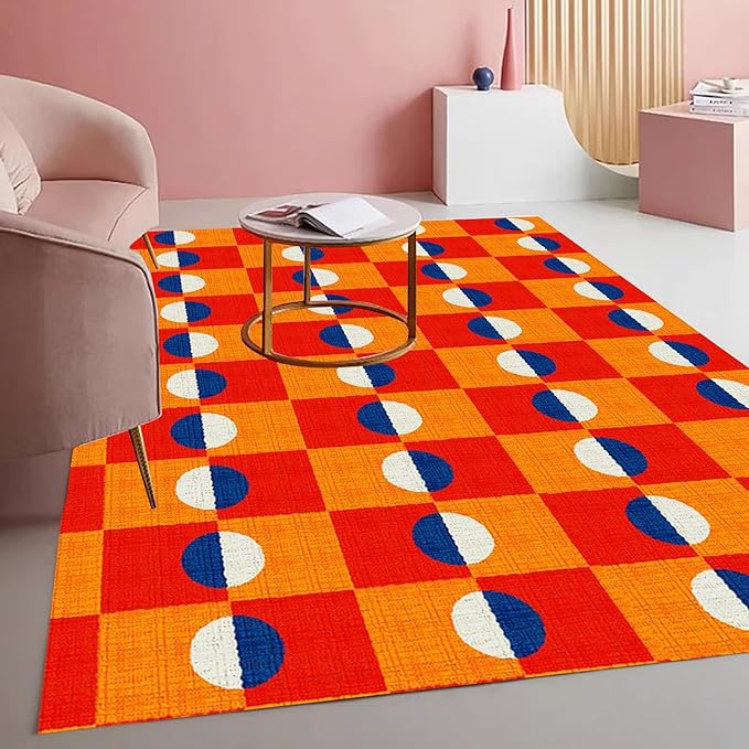 Modern Checkerboard Area Rug with Orange and Red Pattern Vibrant Non Slip Washable 5x7 Rugs for Living Room Dining Room Bedroom Home Office Playroom Large Indoor Carpet Durable Bathmat