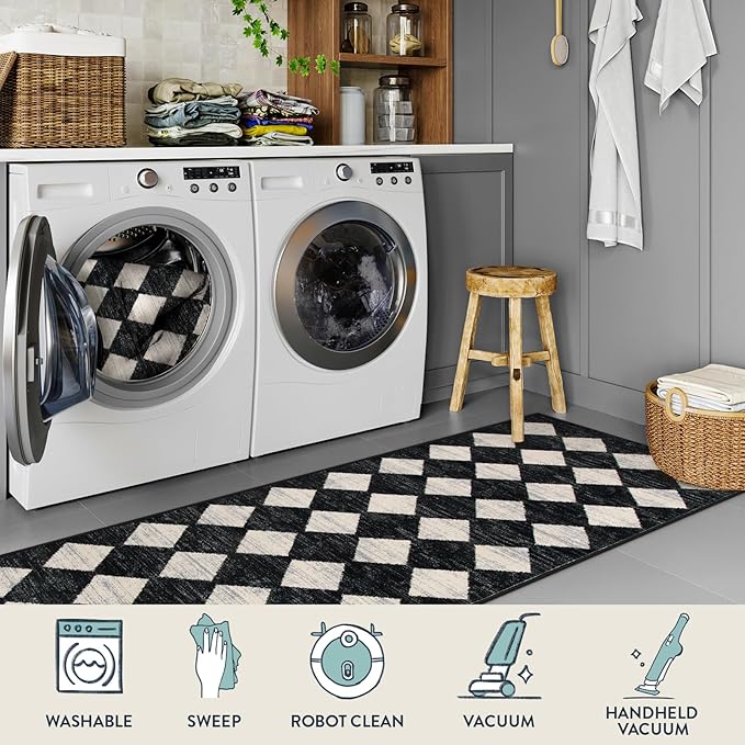 Lahome Moroccan Trellis Runner Rug - 2x8 Black Hallway Runner Rug with Rubber Backing, Checkered Kitchen Non Skid Carpet Runners Washable Indoor Mat for Camper Entryway Bathroom Hardwood Floor