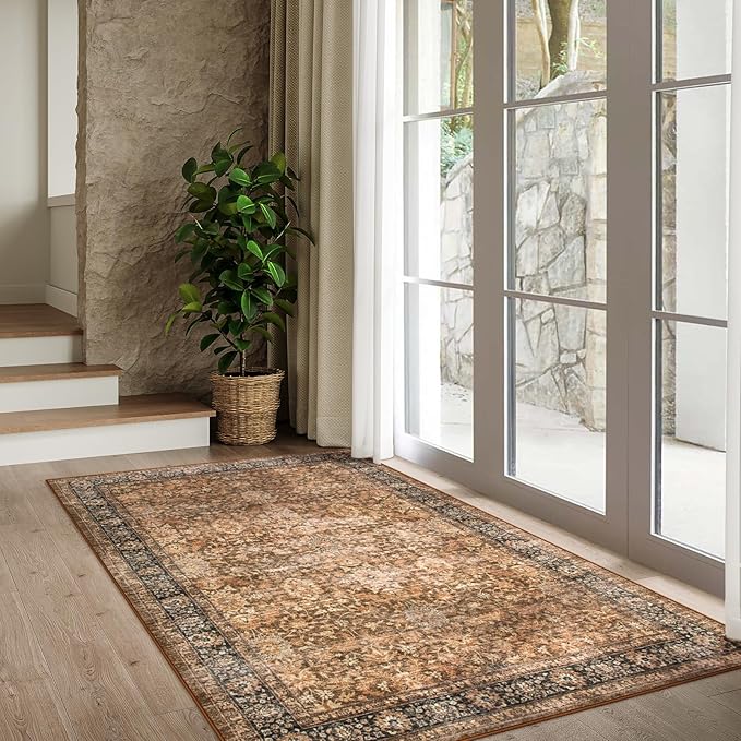 Morebes Area Rug 4x6 Vintage Washable Boho Rugs for Bedroom, Soft Living Room Carpet Non-Slip Non-Shedding Faux Wool Rug for Farmhouse Dining Room Indoor Kids Playroom, Dark Brown