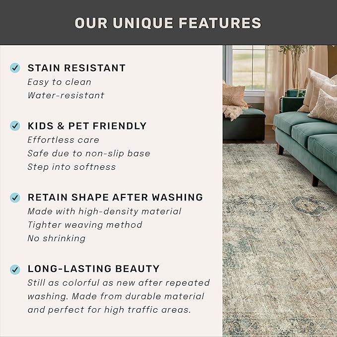 8x10 Farmhouse Rugs for Living Room - Moss Green Brown Large Area Rug for Bedroom, Dining Room, Home Office, Soft Washable & Stain Resistance