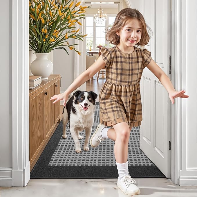 LUMI Inside Door Mat for Entry 36''x59'', Absorbent, Dirt Trapper, Low Profile Thin, Non Slip Mats with Rubber Backing, Ideal for Indoor, High Traffic, Garage, Entrance, Checkered Black