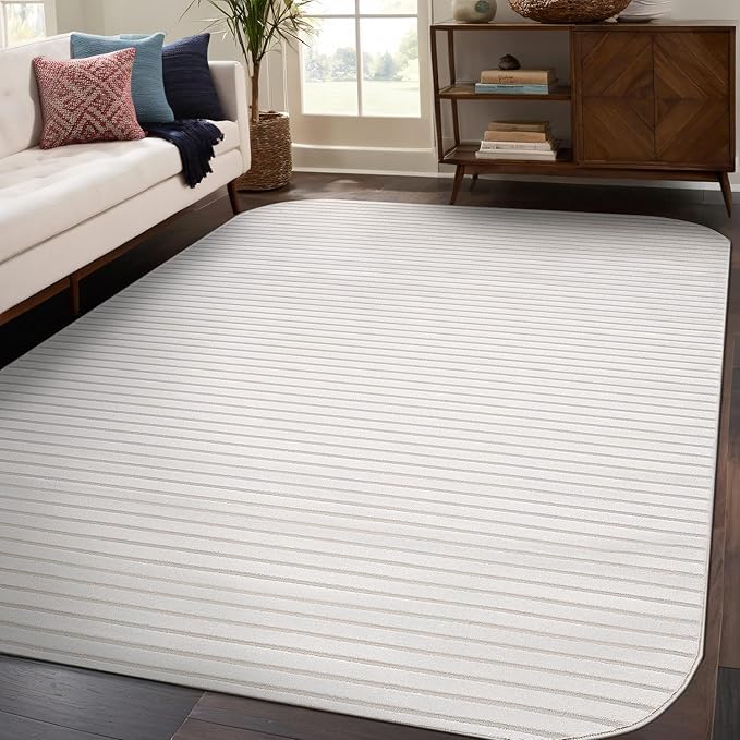 Beverly Rug Modern Geometric Area Rug 6x9 Low-High Pile Durable Soft Abstract Striped Indoor Rugs for Living Dining Room Office Stain Resistant Non Shedding Casual Indoor Carpet Beige White 6 x 9