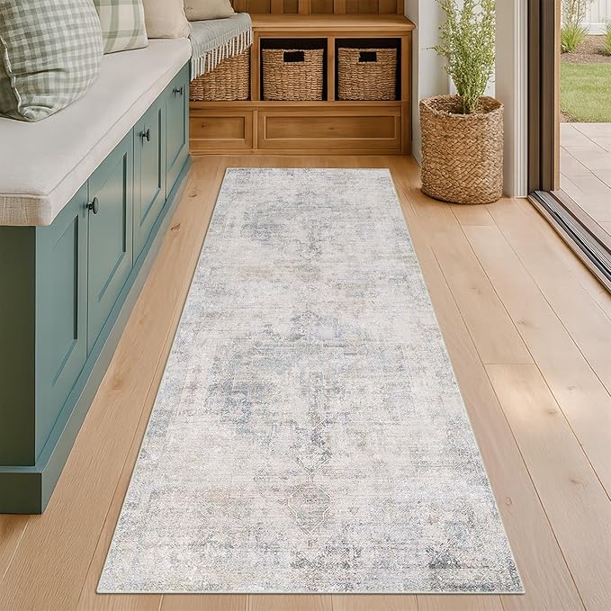 Light Blue 2x6 Non Slip Kitchen Rug Runner - Blue Gray Washable Rug for Bathroom, Hallway, Non Slip with Rubber Backing, Boho Modern Abstract Runner Home Décor