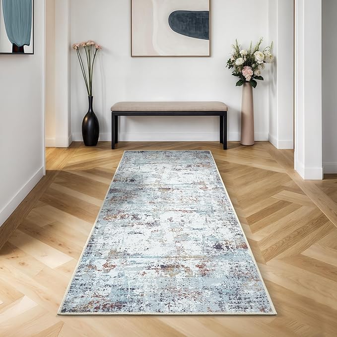 GLN Rugs Contemporary Collection - Machine Washable Area Rug, Contemporary Washable, Non Slip, Low Pile Chenille Rug, Living Room, Bedroom, Kitchen Rug (2'6" x 10' White/Grey/Blue/Brown)